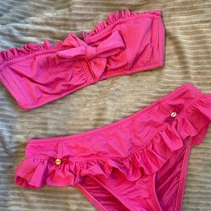 Betsey Johnson Hot Pink Strapless Bikini Top(M) Matching Hot Pink Bottom(M)